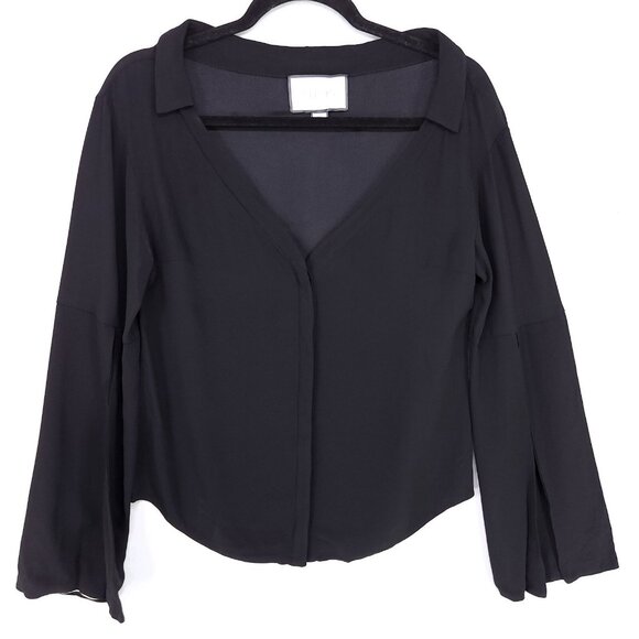 Alexis Blouse Size XS Boxy Fit Black Button Up Bell Slit Sleeve Top Vneck Collar - Picture 1 of 13